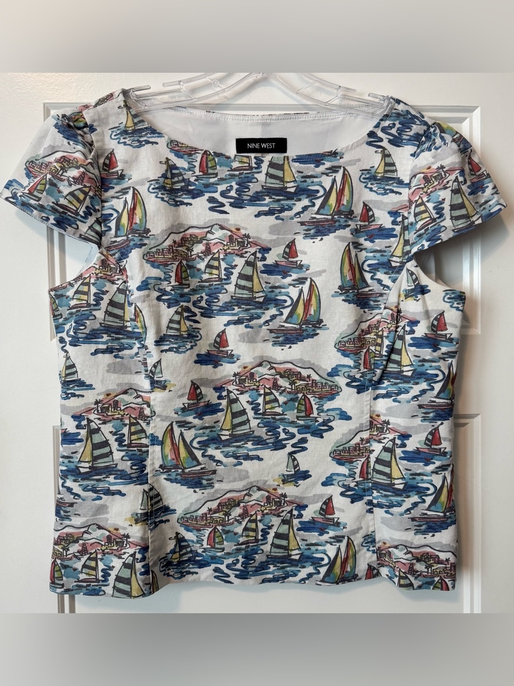 Nine West Linen Blend Sailboat Print Top Nautical Side Zip Blouse Size 12